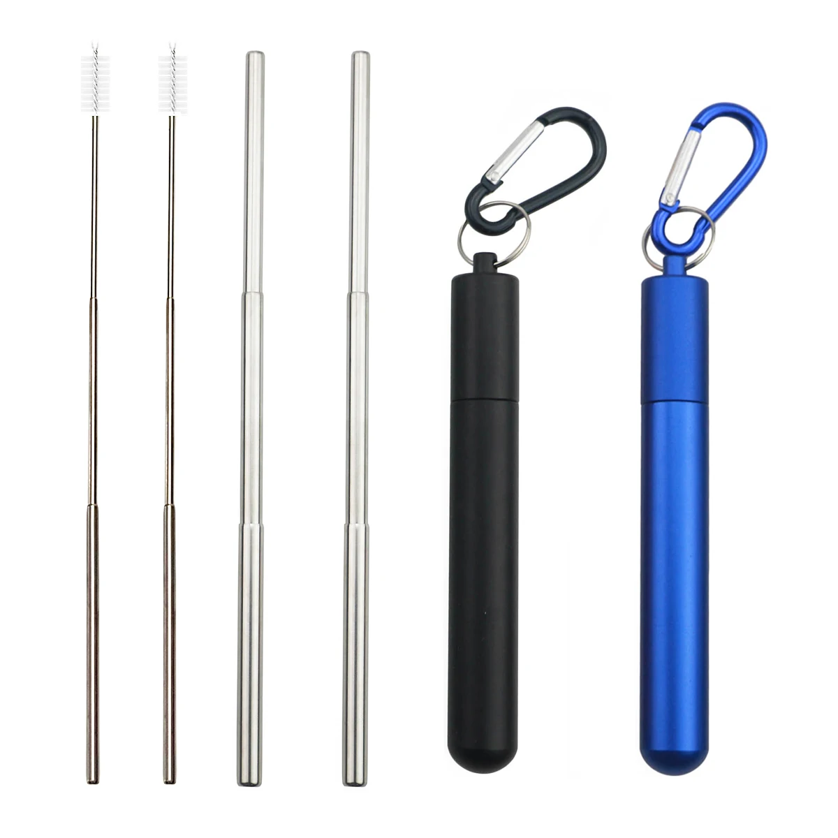 6pcs Black-Blue 6 шт. портативная многоразовая телескопическая из нержавеющей стали соломинки для напитков, Раскладной Металлический соломинка с соломинкой, щетка для ведра - Цвет: 6pcs Black-Blue