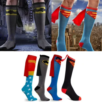 

Adult Mens Superman Batman Socks Men Women Knee High With Cape Stockings Funny Sport Football Socks Cosplay Costume Socks Props