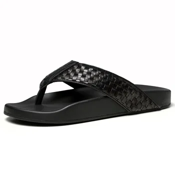 

Genuine Leather Slippers for Men Flip Flops High Quality Soft Comfortable Beach Summer weave Shoes Brand Men's Slippers