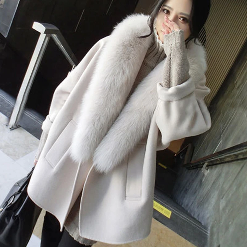 Осенне-зимнее шерстяное пальто для женщин Новое корейское популярное кашемировое пальто с большим меховым воротником Длинное свободное шерстяное пальто Abrigo Mujer