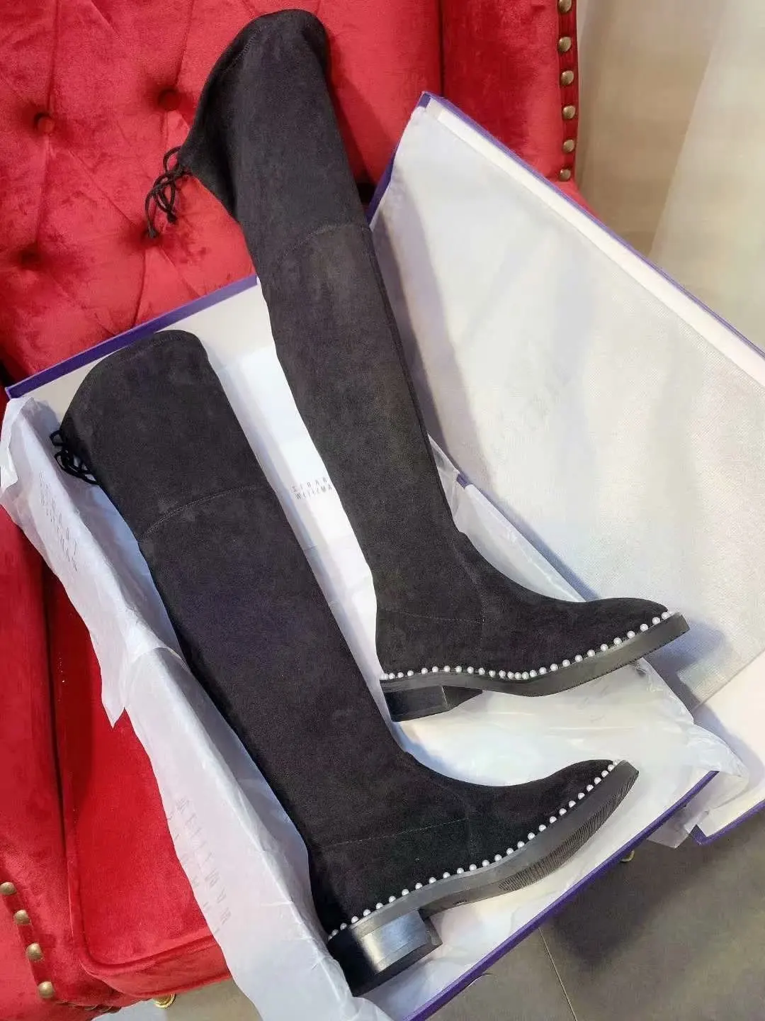 Scarpe High Boots Knee Donna Round Toe Chaussures Femme Fashion Women Pearl Shoes Med Heels Scarpe Donna Flock Female Shoes