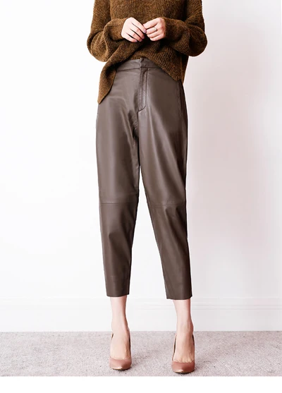 brown Весна натуральная кожа брюки женские из натуральной овчины шаровары Pantalon Femme черный/коричневый/хаки повседневные брюки карго - Цвет: brown
