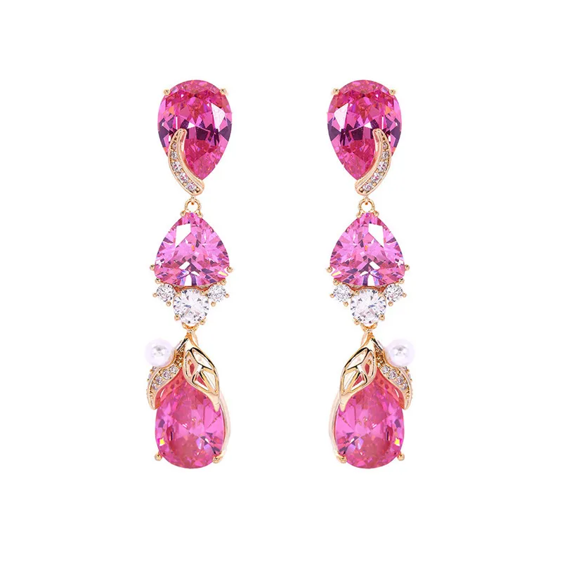 

Sining Cubic Zirconia Pink Earrings for Women Temperament Long Dangle Earings European and American Fashion Brand Eardrop