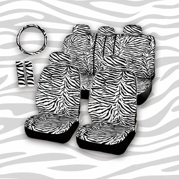 

Fashion Short Plush fabric White Zebra Full Set Car Seat Cover With Steering Wheel Cover Shoulder Pads Short Plush Universal Fit