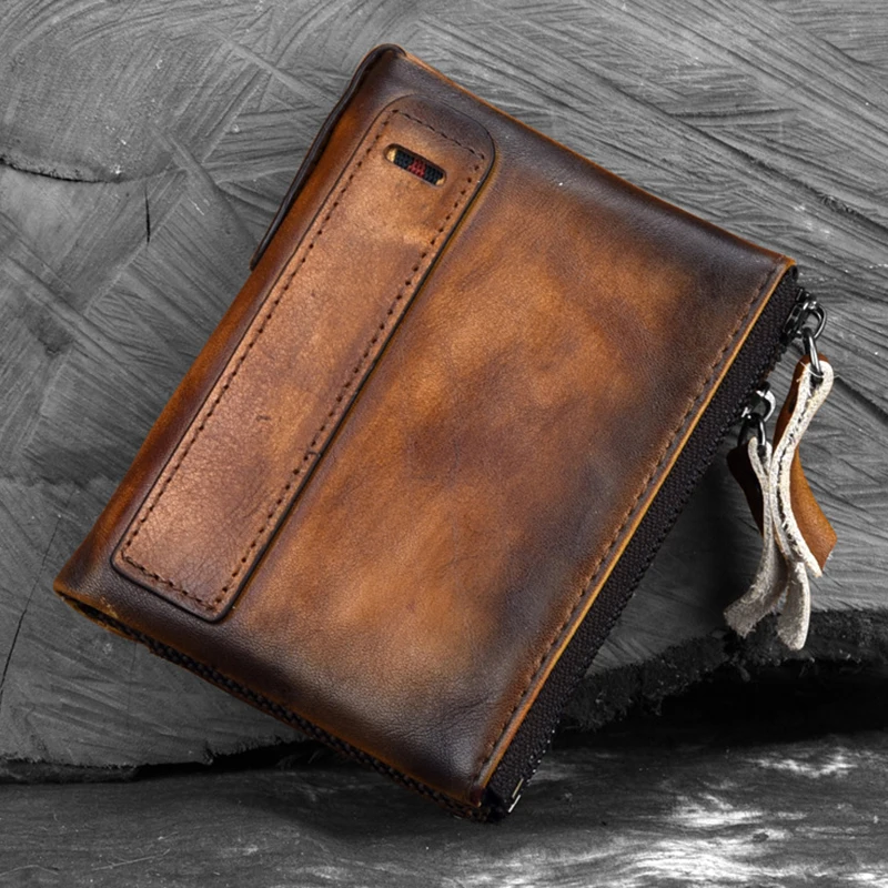 Men's Wallet Retro Cowhide Double Zipper Clutch Genuine Leather Small Purse For Male Handmade Casual Men Short Wallet