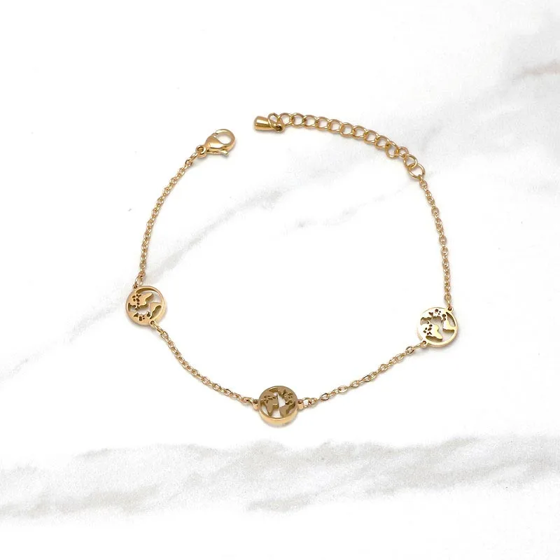 

Stainless Steel Multi World Map Bracelet Travel the World Bracelet with 3pcs small pendant as Jewelry Accessories