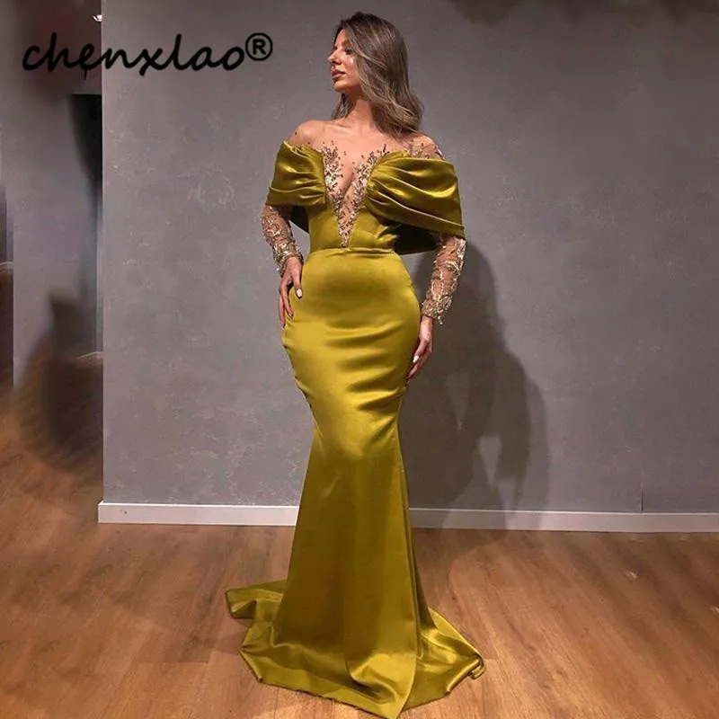 Unique Sheer Neck Mermaid Evening Dresses Full Sleeve Bead Sequin Red Carpet Celebrity Gowns Sweep Train Satin Formal Wears