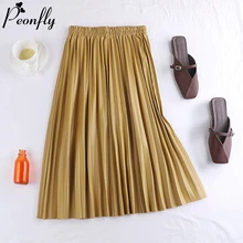 PEONFLY модная искусственная кожа миди юбка женская осень зима до колена Высокая талия Женская плиссированная юбка желтый черный