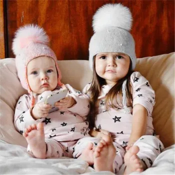 

New Hot Sale Ears Beanie Fur Pompom Cap Boy/Girls Child Knitted Winter Hair Ball Earbud Hats Woolen Solid Color Pearl Best Gift