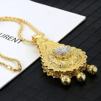 

Sunspicems Algerian Gold Color Big Pendant Necklace for Women Moroccan Wedding Jewelry Double Layer Hollow Pattern Hip Hop Chain