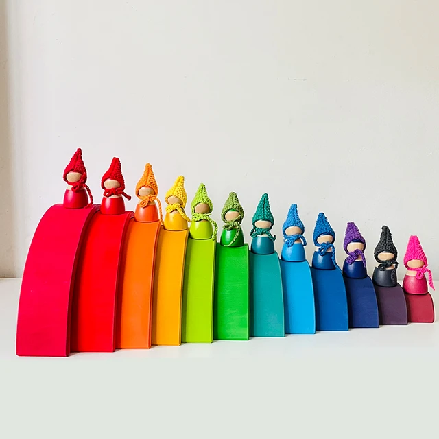 Kids Rainbow Peg Dolls with Knitting Hat Baby Pretend Play Unfinished People Figures Shape Montessori Wooden Educational Toys 1