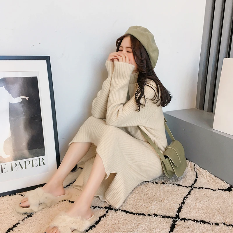 Dress Sweater Women 2019 New Solid color Knit Long Sleeve Slim Dress Long Bottoming Knit Dress Female Vestido AN182