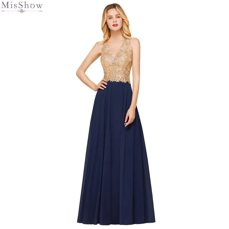 Платья для выпускного вечера Misshow, длинное темно-синее шифоновое платье vestidos de gala, Золотое кружевное платье с аппликацией, сексуальное платье трапециевидной формы без рукавов с v-образным вырезом