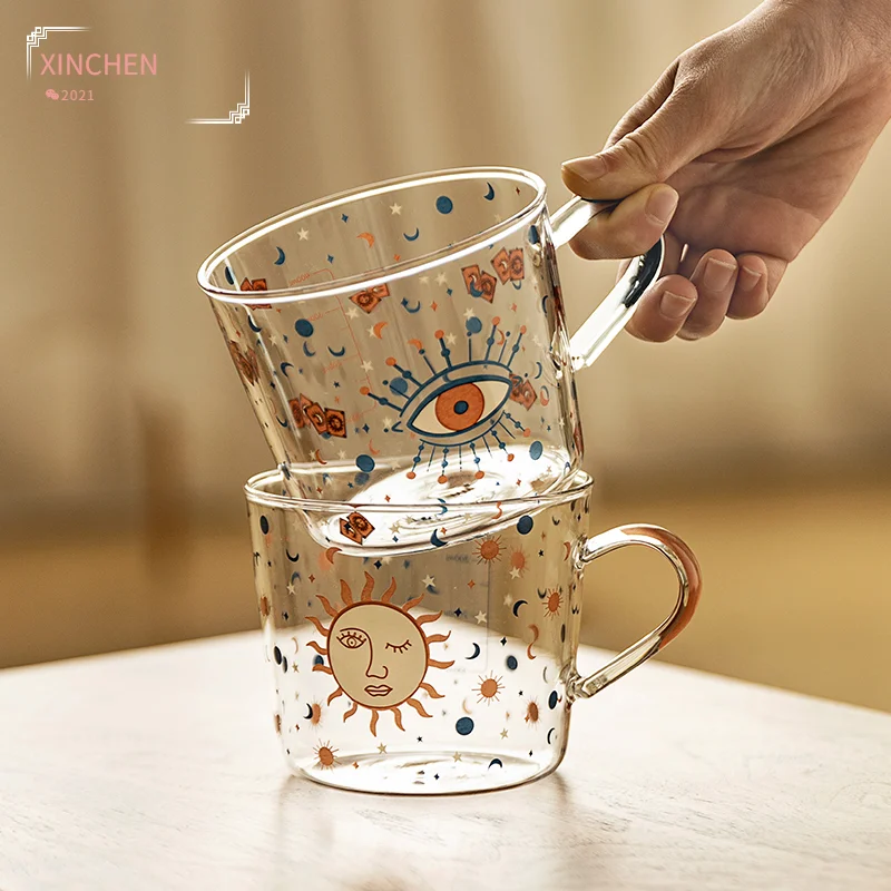

XINCHEN 500ml Creative Scale Glass Mug Breakfast Mlik Coffe Cup Household Couple Water Cup Sun Eye Pattern Drinkware