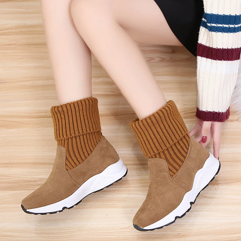 New Ladies Winter Knit Sneakers Women Shoes Designer Winter Sneakers Fur Warm Plush Sport Sock Boots Casual Shoes Female
