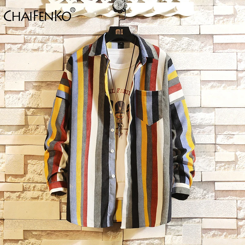 2020 New Japanese Multicolor Striped Men Shirt Fashion Loose Pure Cotton Long Sleeve Shirts Casual Beach Pocket Large Size | Мужская