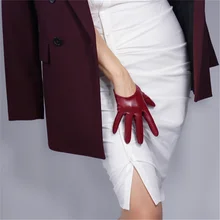 Модные ультра-короткие кожаные перчатки длиной 13 см, имитация кожи, искусственная-овчина, искусственная кожа, темно-красное вино, малиновый цвет, 3-PUSH13