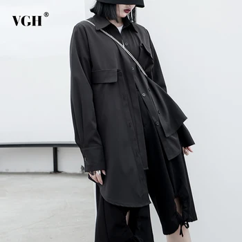 

VGH Elegant Asymmetrical Women Shirt Lapel Collae Long Sleeve Loose Irregulae Hem Vintage Blouses For Female Fashion Clothes New
