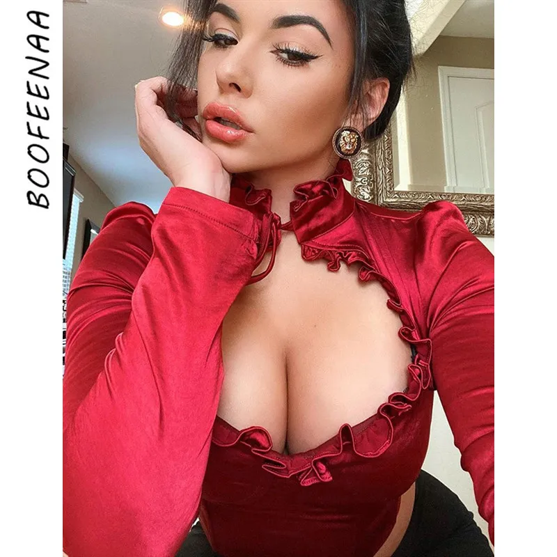BOOFEENAA винтажные пикантные Женские топы и блузки атласные с рюшами на шнуровке