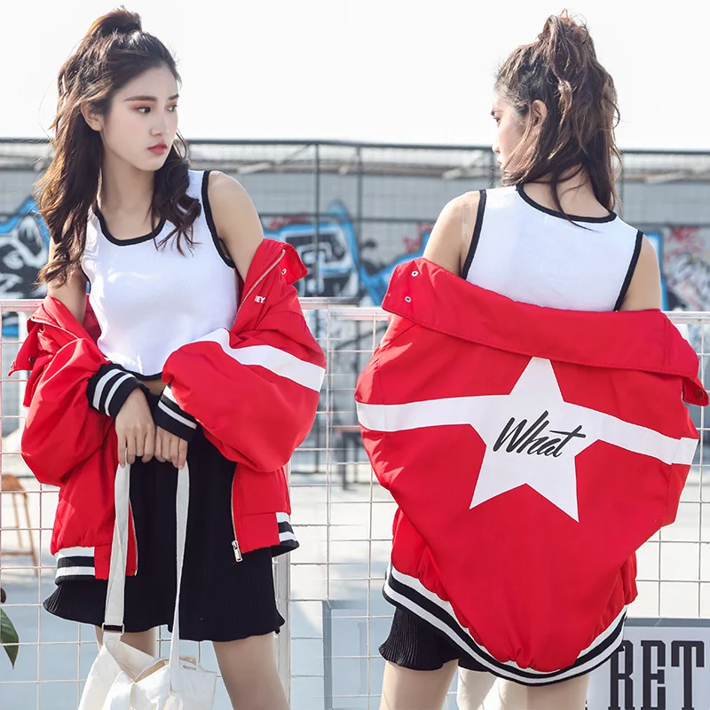 

2018 Hong Kong Style Printed Baseball Jacket Short Coat Red And Black Coat
