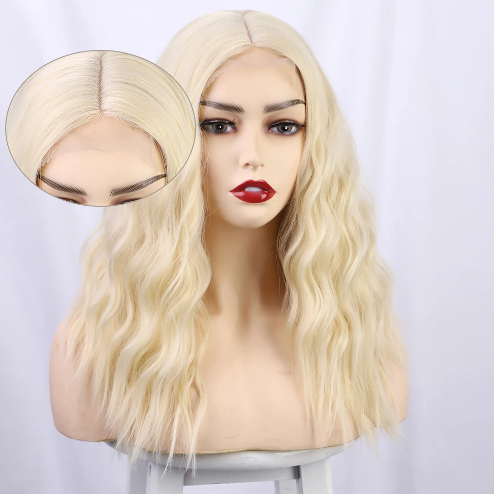 Short Water Wave Synthetic Wigs Blonde Wig Women Middle Part Natural