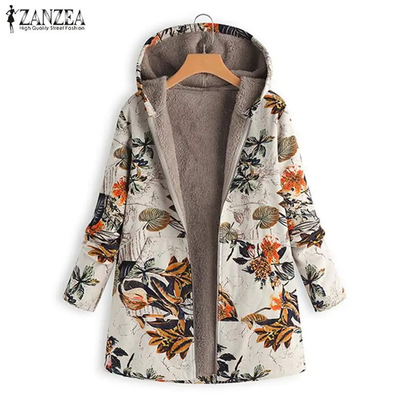 price cut 2019 ZANZEA Winter Warm Women's Jackets Autumn Print Fur LiningCoat Female Long Sleeve Hooded Outer