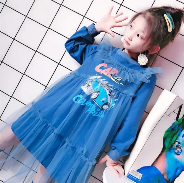 Платье в Корейском стиле с оборками в стиле пэчворк для девочек модные осенние Хлопковые Платья принцессы с вуалью для девочек от 4 до 9 лет, C117