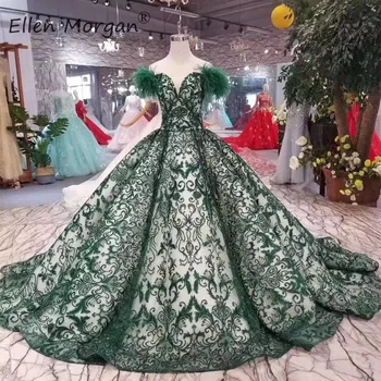

Arabic Muslim Luxury Dark Green Lace Wedding Dresses Princess Ball Gowns 2019 Elegant Off Shoulder Feathers Vestido De Novia