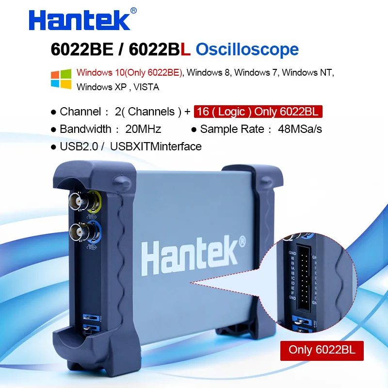 Цифровой осциллограф Hantek 2 канала 20 МГц 48MSA/s цифровой для ПК 6022BE 6022BL + 16 каналов