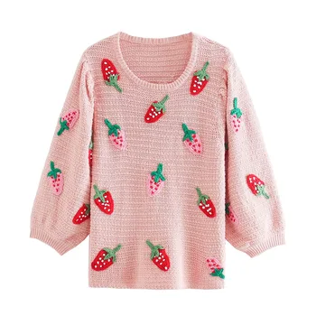 

Women 2020 Sweet Fashion Strawberry Applique Knitted Sweater Vintage O Neck Puff Sleeve Female Pullovers Chic Tops