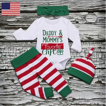 

4pcs Newborn Baby Boys Girls Letter Long Sleeve Bodysuit Striped Long Pants Bow Headband Hat Xmas Outfit Clothes