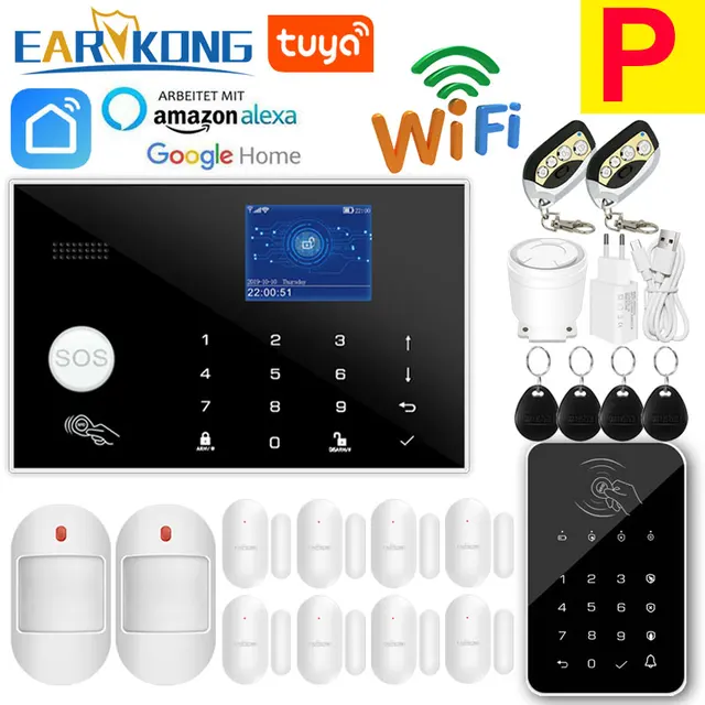 Wifi GSM Alarm System 433MHz Home Burglar Security Alarm Wireless Wired Detector RFID Touch Keyboard Temperature Humidity Alexa P