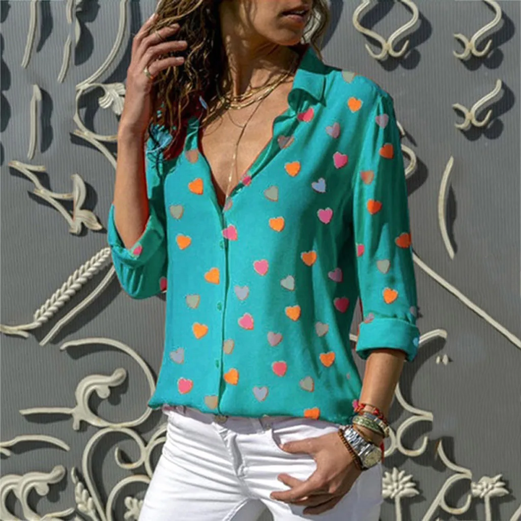 

Fashion Women Blouse Colorful Heart Love Print V Neck Long Sleeve Casual Womens Tops and Blouses Blusas Mujer de Moda 2019