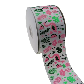 

hot sale 100 yards 3"75mm green flamingo printed foil hologram grosgrain ribbon for bows gift packing decoration ship by DHL