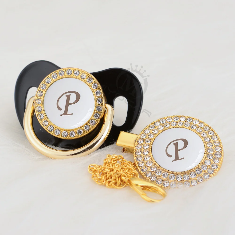 

BLING name Initial letter P elegant silver white bling pacifier and pacifier clip BPA free dummy bling unique design LP-W