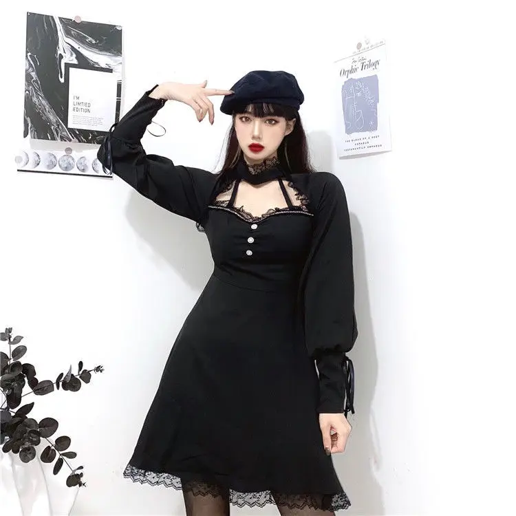 Women Hollow Out Lace Spliced Gothic Mini Dress 2021 Spring Lady Lantern Sleeve O Neck Empire Dresses Black Cool Streetwear