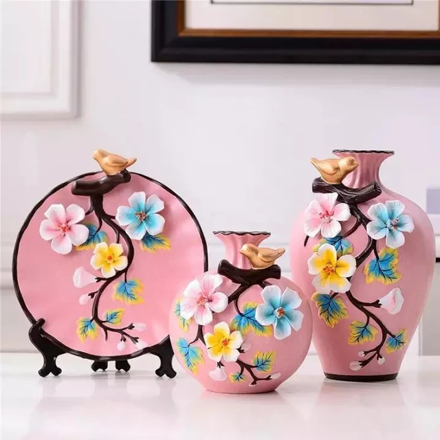 3Pcs/Set Ceramic Vase 3D Stereoscopic Dried Flowers Arrangement Wobble Plate Living Room Entrance Ornaments Home Decorations 10