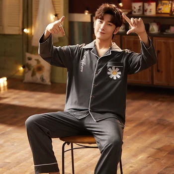 

Men's Pajamas Set High Quality Cotton Pyjamas Nightwear Sleepwear Home Wear Striped Printed Casual For Male