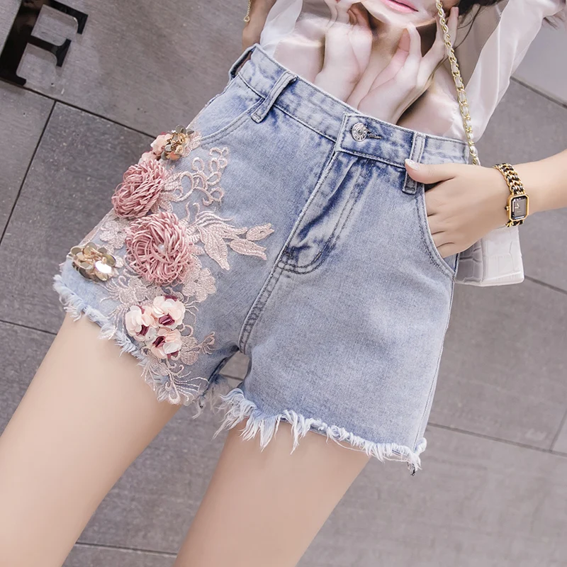 

Denim Shorts Women's Summer New Style Trend with Holes Beads Flower Embroidered Slimming Wide-Leg Shorts Hot Pants Short