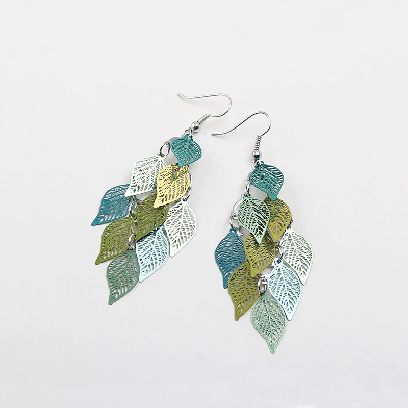 Vintage Hollow Leaves Drop Dangle Long Earrings for Women Bohemian Colorful Fashion Jewelry