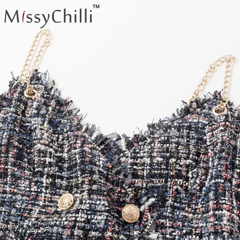 MissyChilli Tweed chain, Короткие вечерние платья для клуба, женское осеннее элегантное облегающее платье, женское сексуальное зимнее мини-платье с v-образным вырезом, vestido