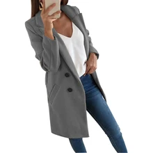 Формальное однотонное модное офисное повседневное зимнее приталенное Женское пальто средней длины с длинным рукавом, двубортная верхняя одежда с отворотом