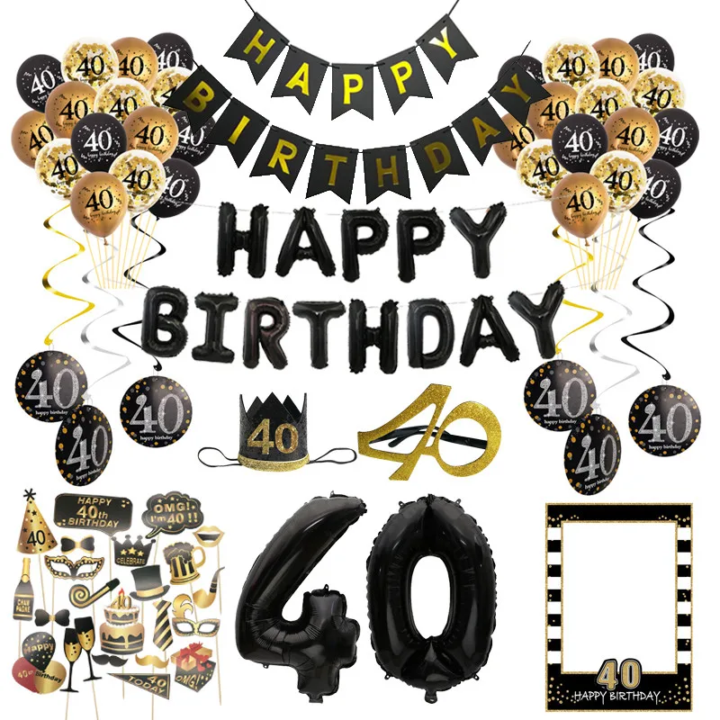 40 Year Birthday Balloons Banner Swirls Spiral Ornaments Photo Booth Props Frame Adult Men Women Birthday Party Decor Supplies