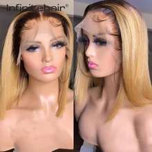 Ombre Gekleurde Kant Voor Menselijk Haar Pruiken & T Deel Lace Pruik Voor Vrouwen #27 Honing Blond Straight Bob pruik Braziliaanse Virgin Pixie Haar