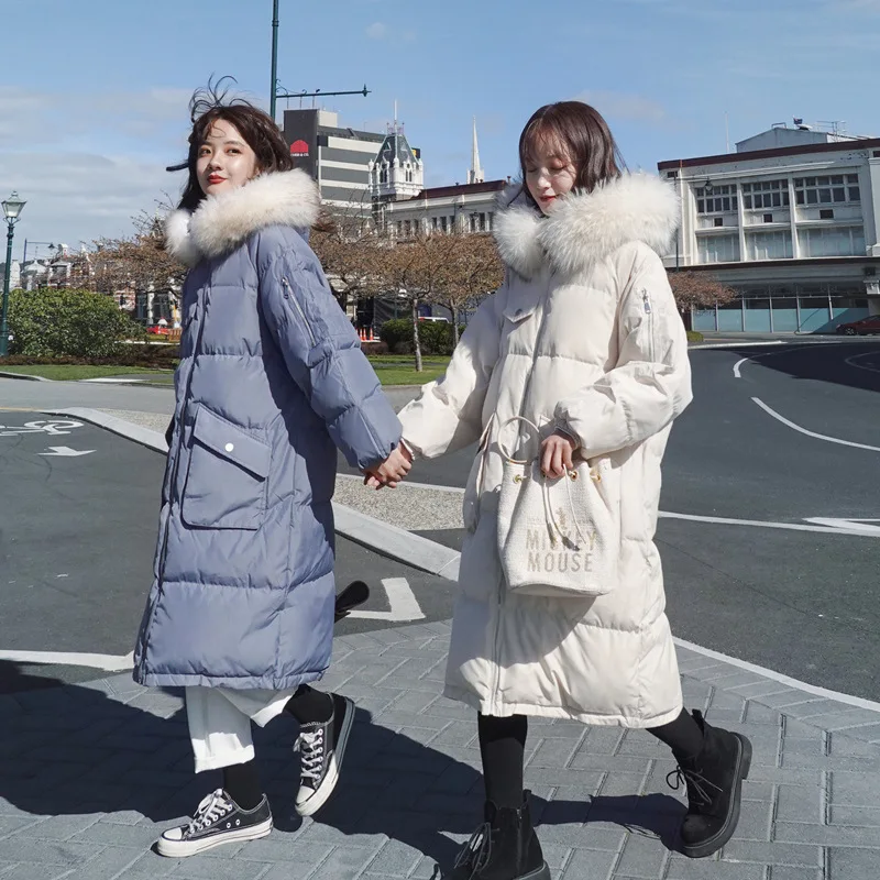 

ACZ Winter Mid-length Large Fur Collar Cotton Coat 19 Korean-style Women's plus Thick Cotton Hooded Solid Color Slimming Cotton