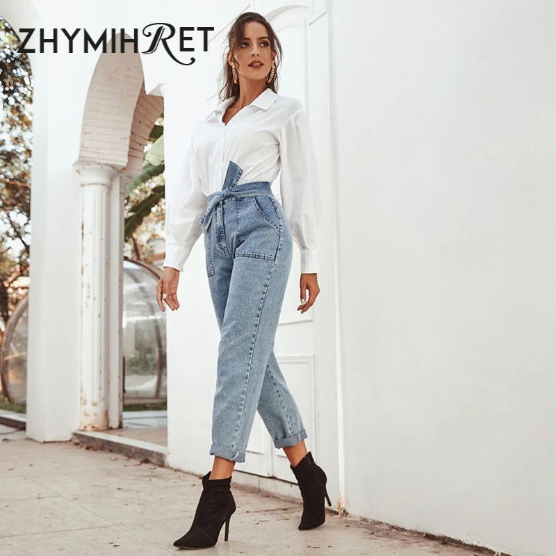 ZHYMIHRET, джинсы с высокой талией спереди и завязками, женские джинсовые штаны,, Осенние повседневные брюки с карманами, длина по щиколотку, штаны, уличная одежда