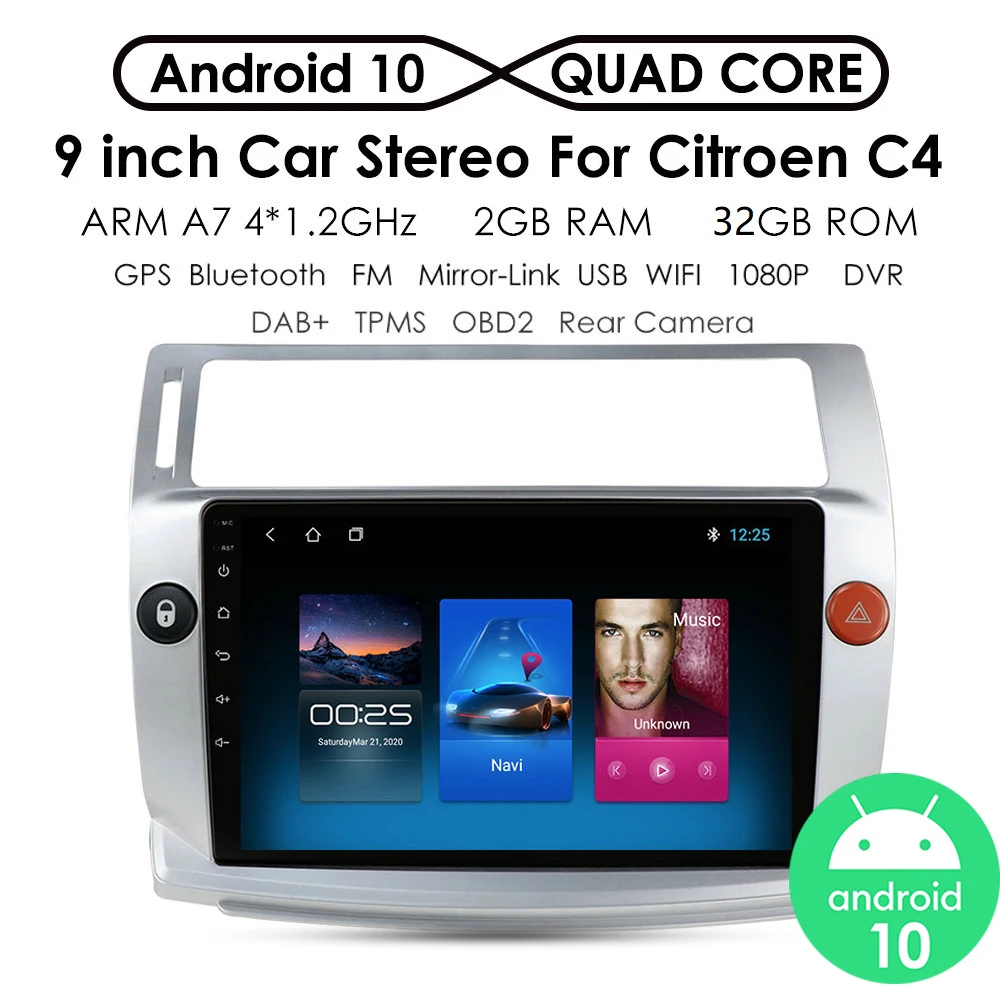 Autoradio Android Car Stereo Radio Multimidia GPS For Citroen C4 C-Triomphe C-Quatre 2004-2009 CarPlay TPMS DAB+ 2G+32G 4G LET