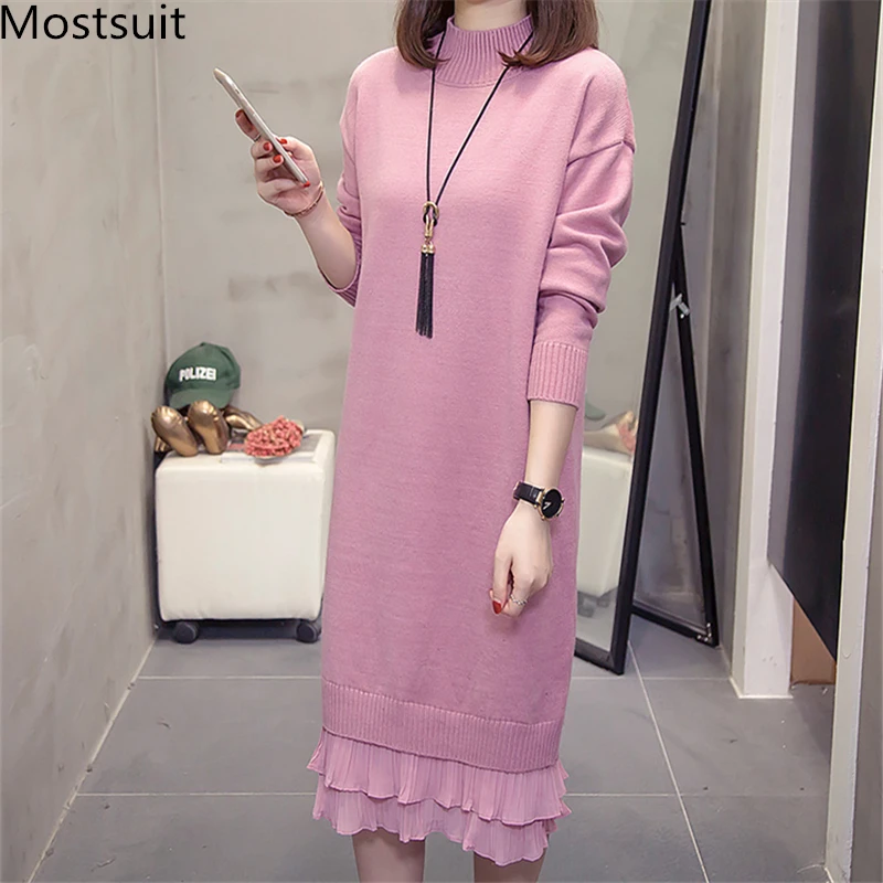 

Knitted Long Sweater Dress Women Plus Size Autumn Winter Long Sleeve O-neck Ruffles Casual Fashion Loose Dresses Vestidos Mujer
