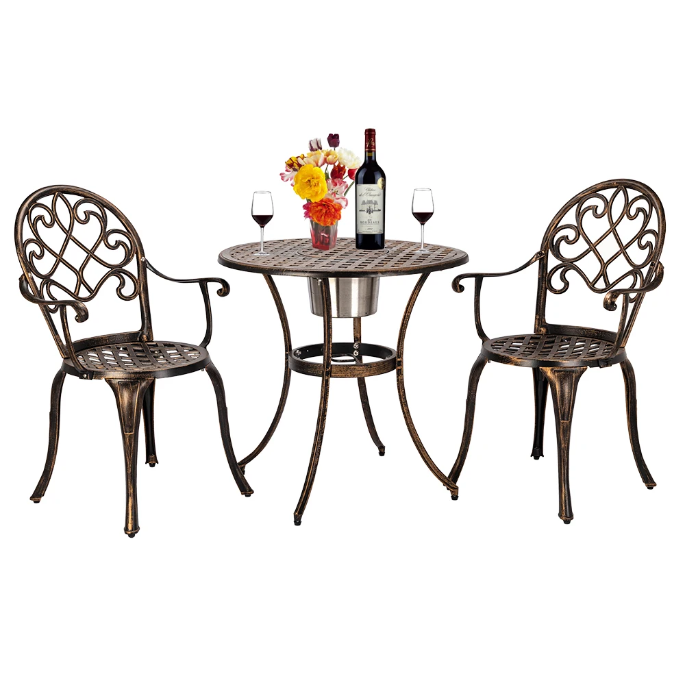 

Table Set European Style Cast Aluminum Outdoor 3 Piece Patio Bistro Set of Table and Chairs with Ice Bucket Bronze Furniture M