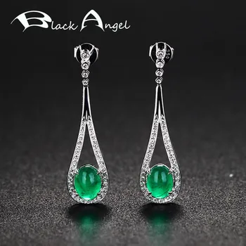 

BLACK ANGEL Luxury Green Chalcedony Drop Earrings For Women Real 925 Sterling Silver Fashion CZ Long Earring Fine Jewelry Gift